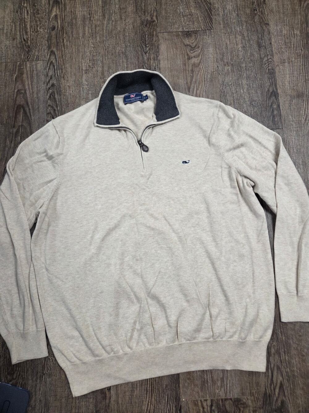 Vineyard Vines Saltwater Men's Beige Tan 1/4 Zip Pullover Sweater Knit Size Larg